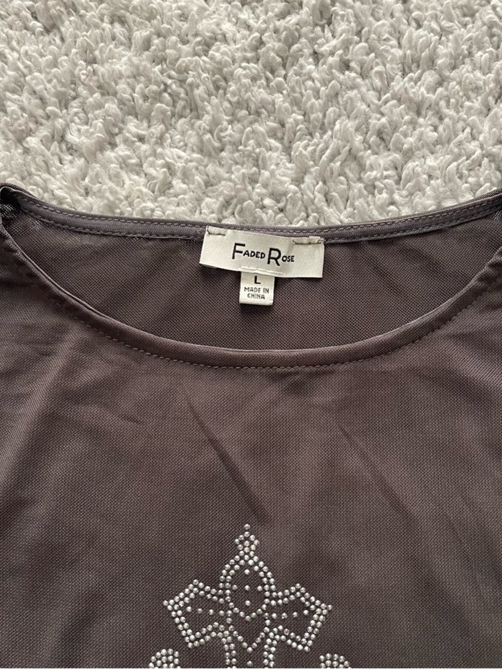 Y2K Grey Rhinestone Cross Mesh Top - Picture 2 of 5